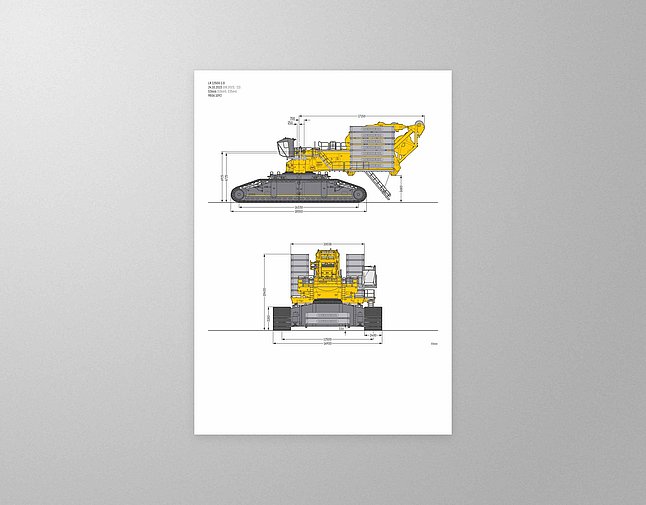 Technische Zeichnung eines gelben Raupenbaggers in Seiten‑ und Frontansicht auf weißem Blatt vor grauer Wand.