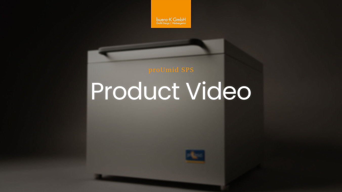 Bildschirmansicht mit dem Text "Product Video" und einem orangenen Logo von "buero-K" über einem silbernen SPS-Gerät mit Griff auf dunklem Hintergrund.