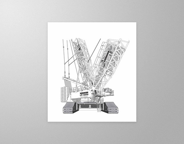 Technische Illustration eines LIEBHERR LR 1600/2 Raupenkrans mit aufgerichteten Auslegern auf weißem Blatt vor grauer Wand.