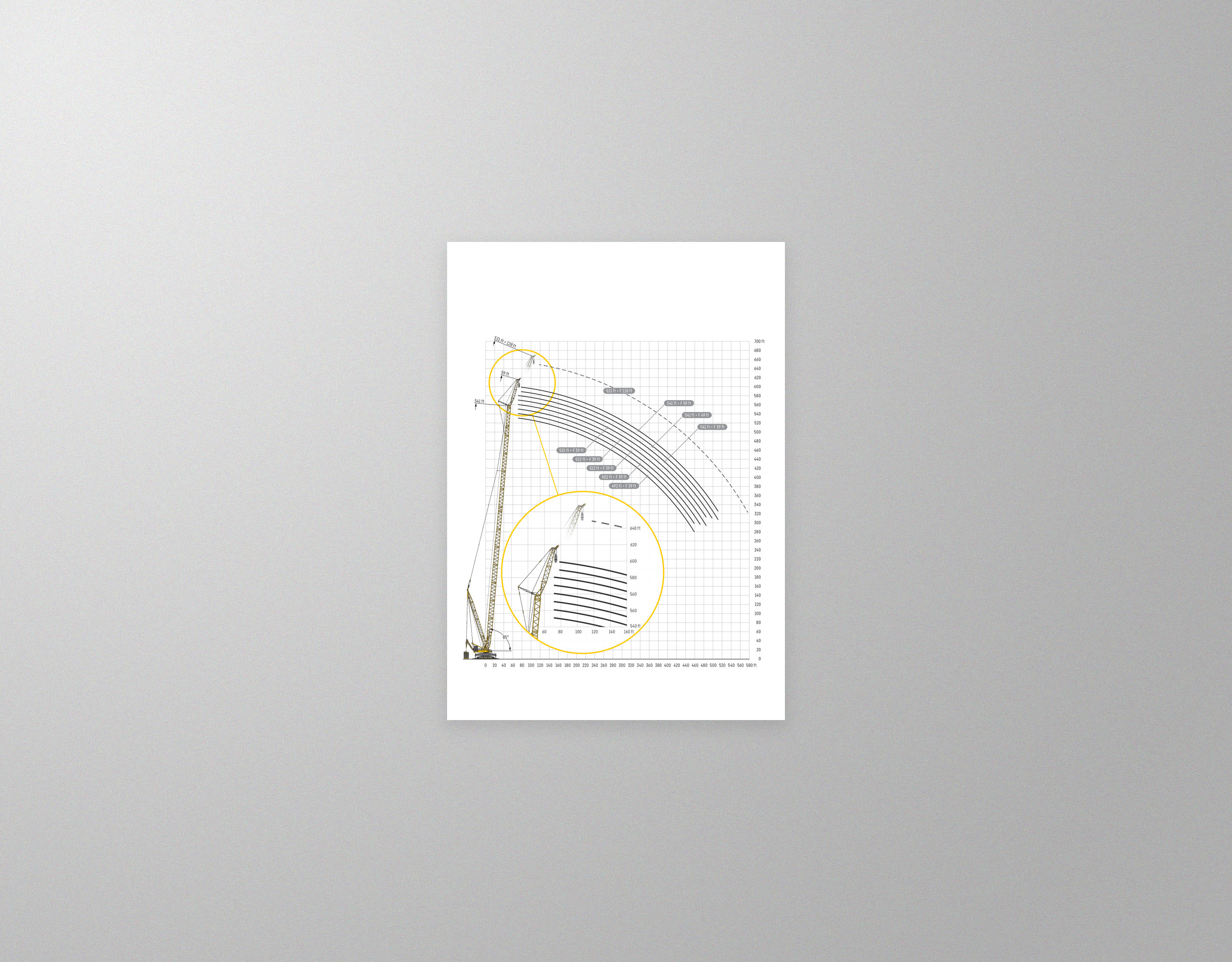 Technische Zeichnung mit Krandiagramm und gelb markierten Detailausschnitten auf kariertem Raster.